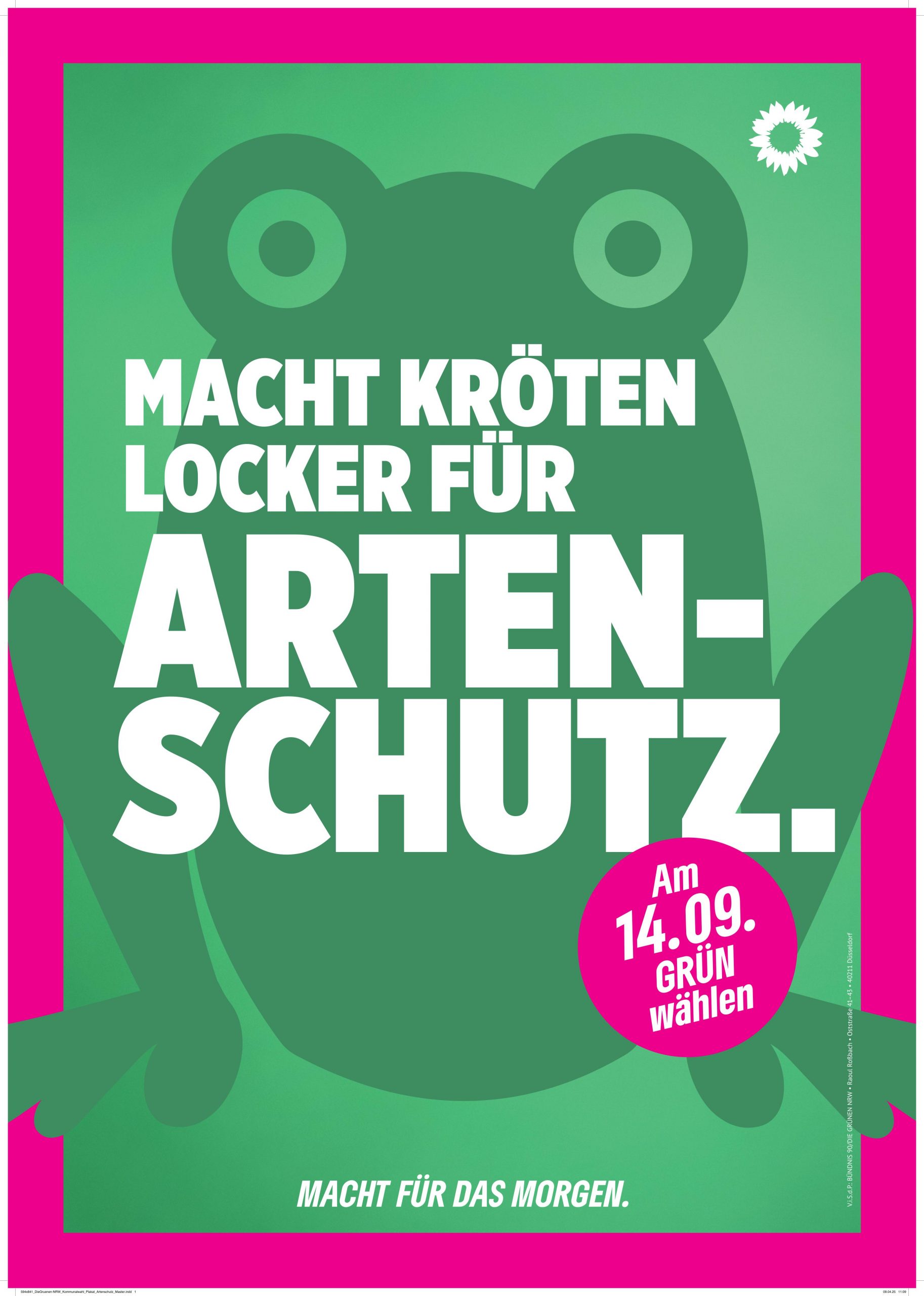 Plakat mit einem pinken Rand und vor einem grünem Hintergrund ein Icon von einem Frosch, mit dem Text "Macht Kröten locker für Artenschutz.", einem pinken Kreis mit dem Text "'Am 14.09. Grün Wählen" und dem Slogan "Macht für das Morgen." ganz unten.