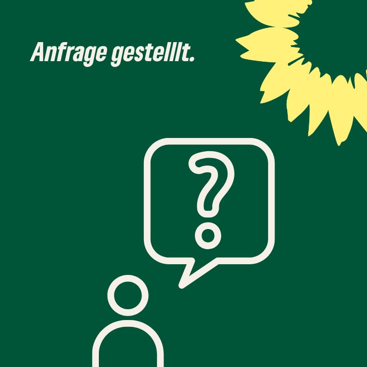 Piktogramm vor grünem Hintergrund und gelber Sonnenblume in der oberen rechten Ecke mit den Wörtern "Anfrage gestellt." und einer Person mit einem Fragezeichen in einer Sprechblase rechts über dem Kopf.
